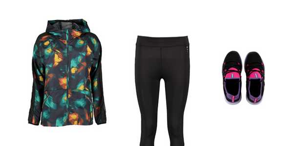 Tu workout top and leggings with running shoes.
